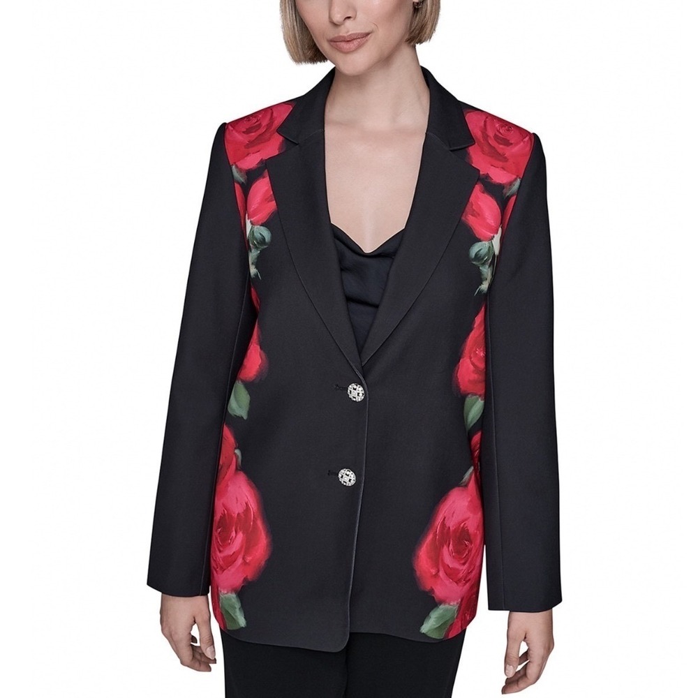 Karl Lagerfeld Paris Rose Blazer Black Red Floral Rhinestone Button 8 NEW